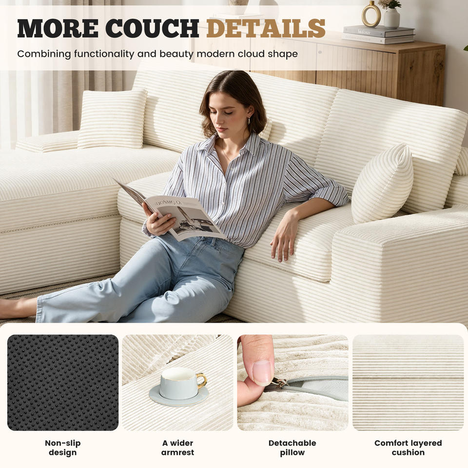 Modern Extendable Velvet Oversized Sectional Sofa Bed Set with Detachable Pillows Thick Sponge Cushion for Large Living Room