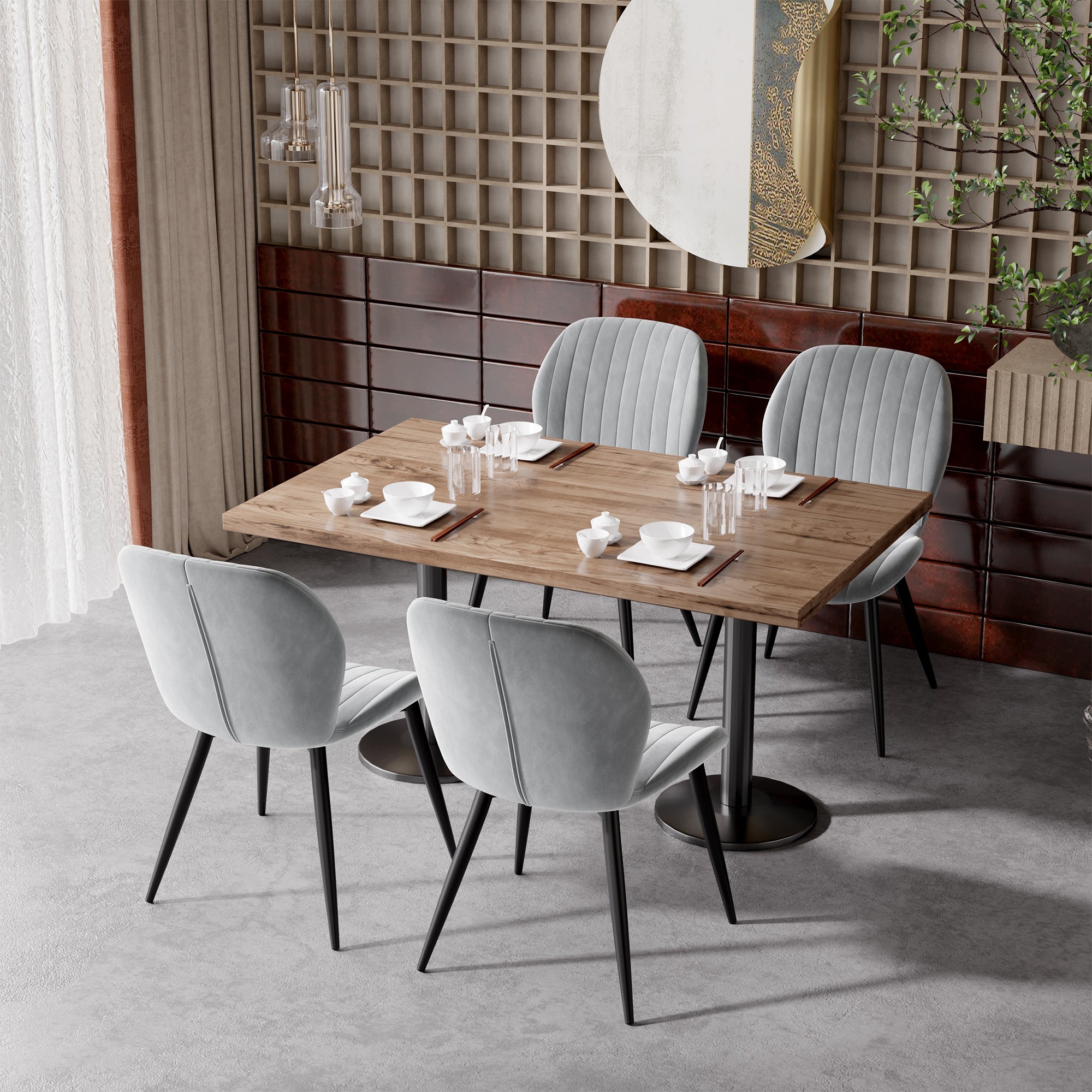 Modern Ribbed Extendable Dining Chair Suede Upholstered Lightweight Sturdy Metal Legs Portable Home Office Home Kitchen (Set of 4)