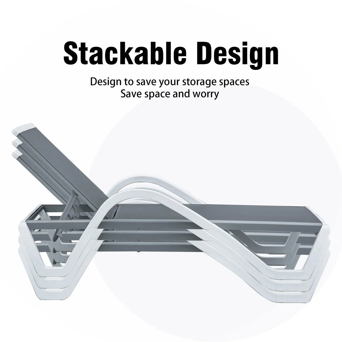 Stacked grey aluminum chaise lounge beds with integrated table, shown from side angle