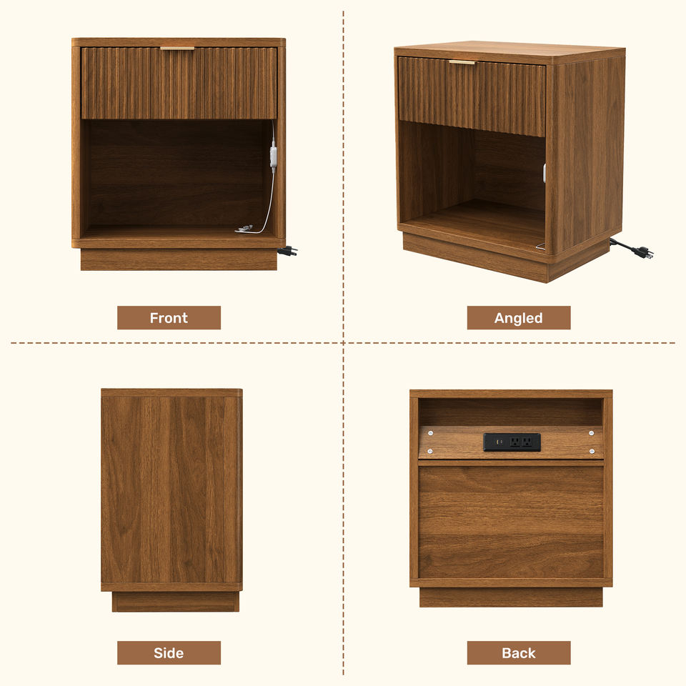 Multi-Functional Modern Eco-Friendly Wooden Nightstand Sensor LED Lights Charging Ports Open Storage Fluted Bedroom Furniture (Set of 2)