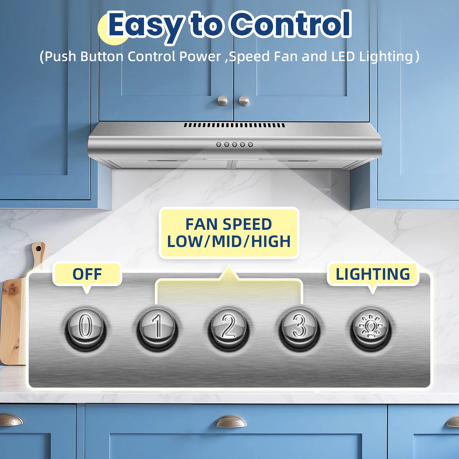 24 Inch Range Hood Under Cabinet, Stainless Steel Range Hood 280CFM, Slim Kitchen Stove Hood W/Push Button,LED and Carbon Filter