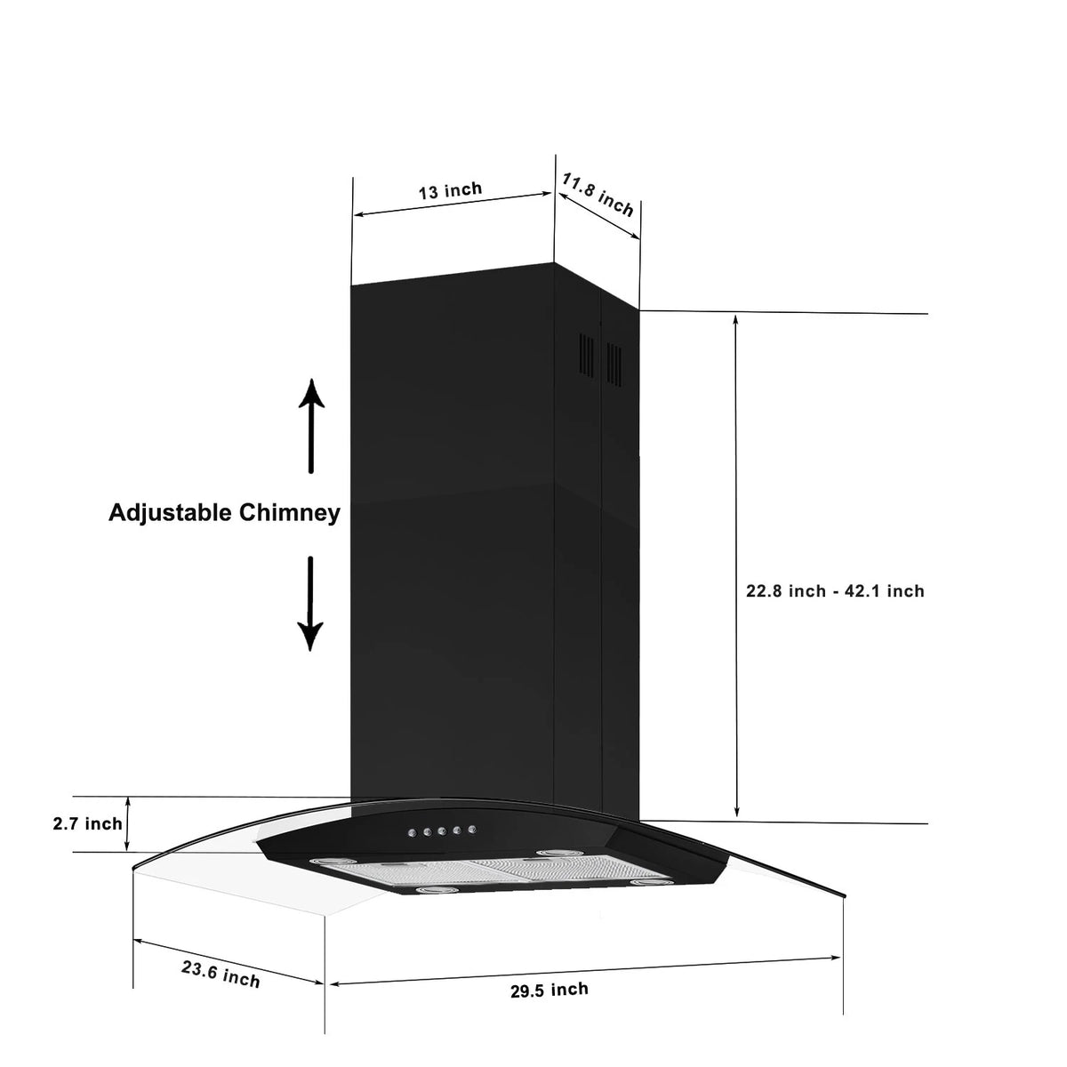Island Range Hood Black 30 Inch 700CFM, Ceiling Mount Kitchen Vent Hood Stainless Steel , 5-layer Filters,  Tempered Glass