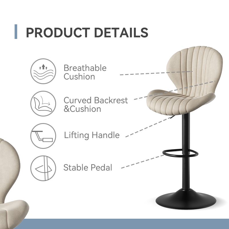 Modern Steady Height Adjustable Bar Stool Ergonomic Design Swivel Kitchen Counter Chair Soft Fabric Rebound Sponge Stainless (Set of 3)