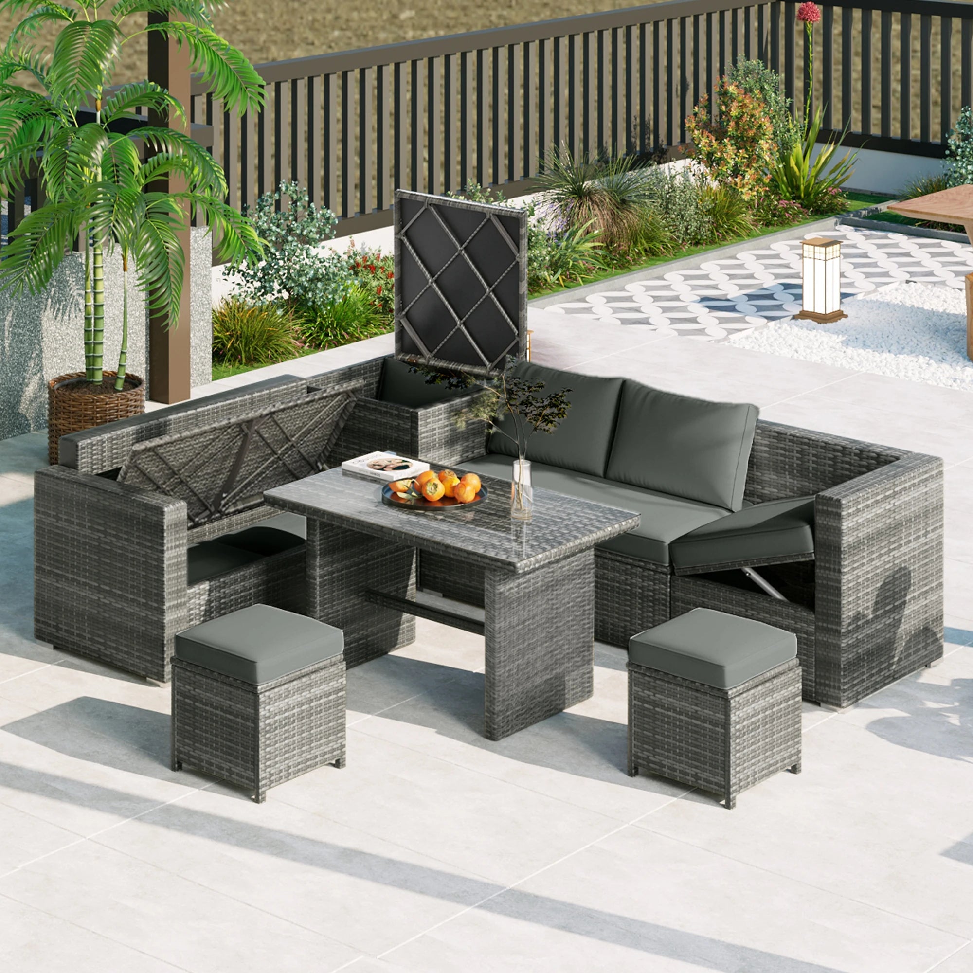 6-Piece Outdoor Wicker Rattan Patio Conversation Set with Adjustable Seat, Storage Box