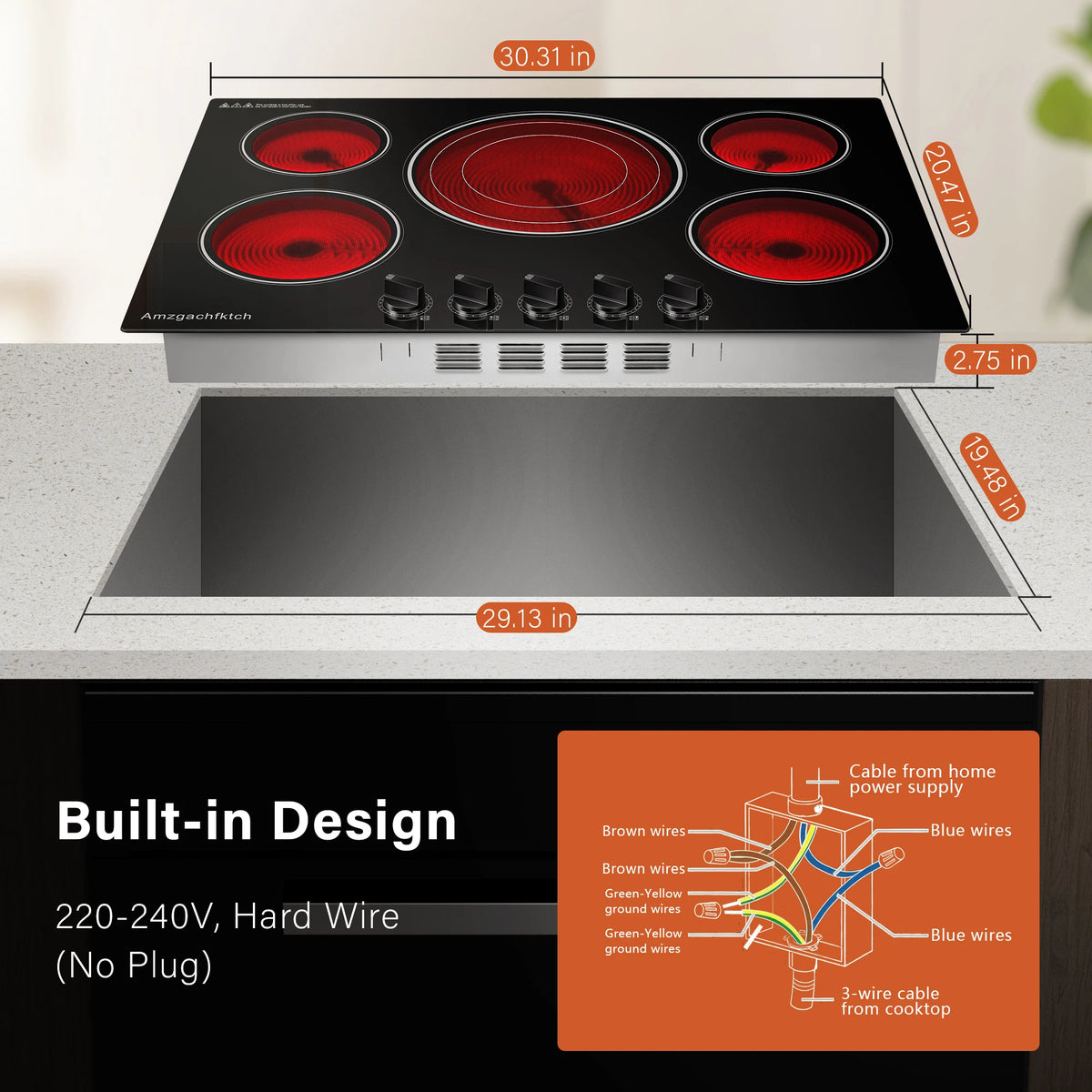 30 Inch Built-in Electric Cooktop with Expandable Triple Ring Burners, 5 Burner 9000W Ceramic Stove Top - Easy Knob Controls