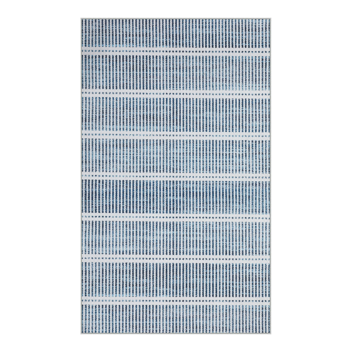 Blue and white striped area rug with vertical and horizontal lines, shown flat