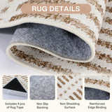 Close-up of striped area rug showing non-slip backing and reinforced edge binding