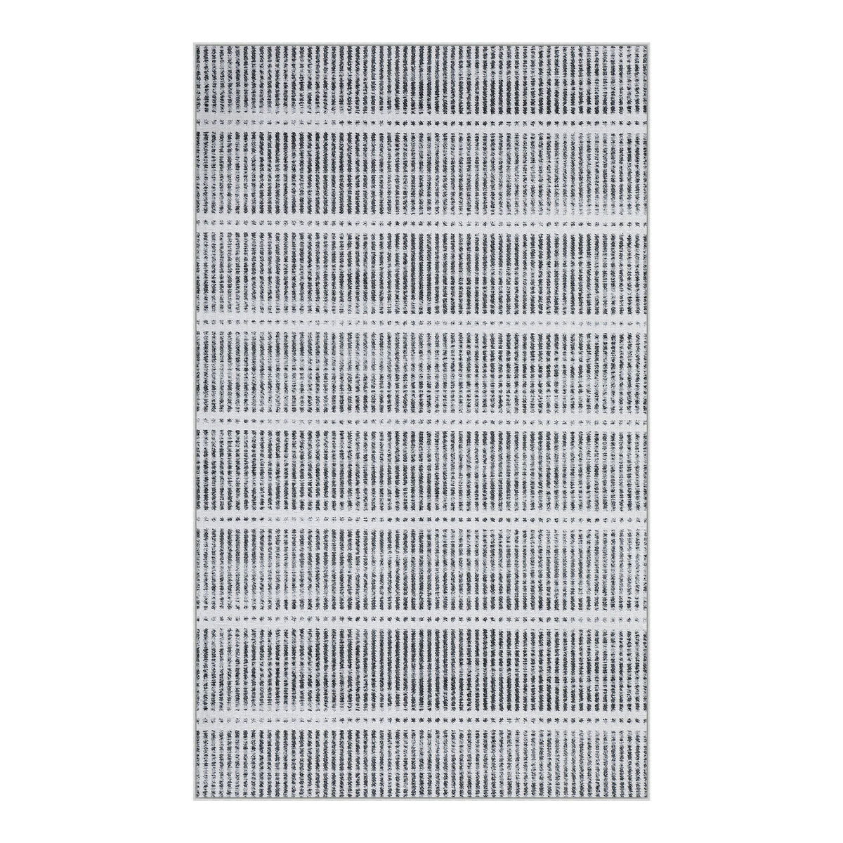 Gray and white striped area rug, shown flat on floor
