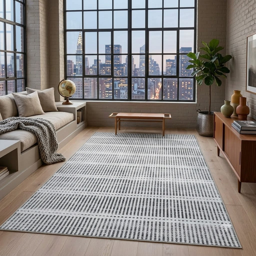 Gray and white striped area rug on light wood floor in modern living room with city view