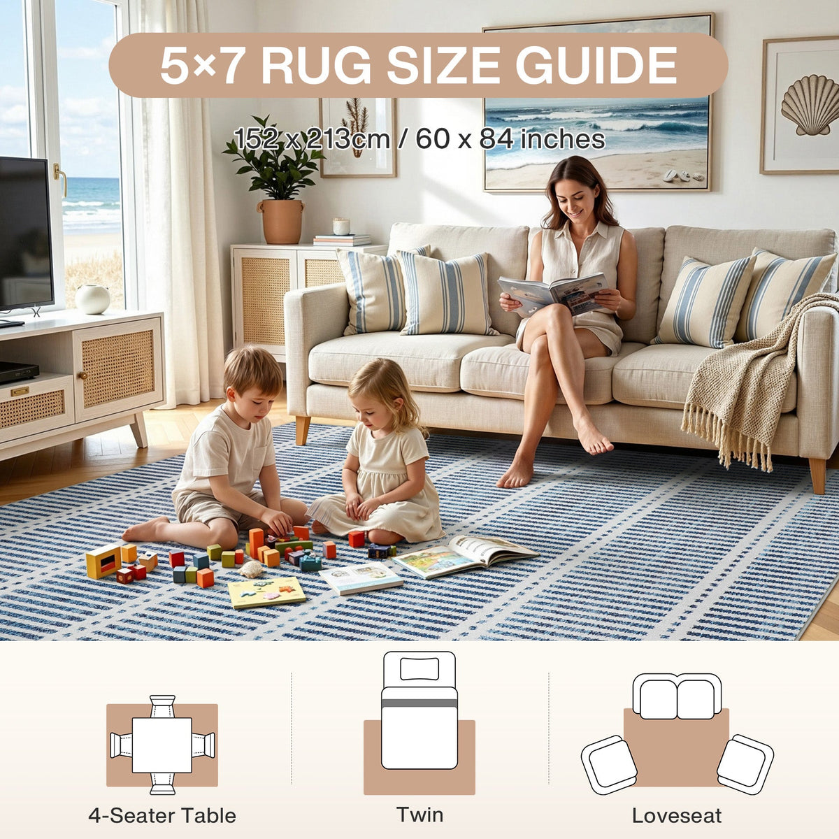 Blue and white striped area rug in a living room with children playing and a woman reading