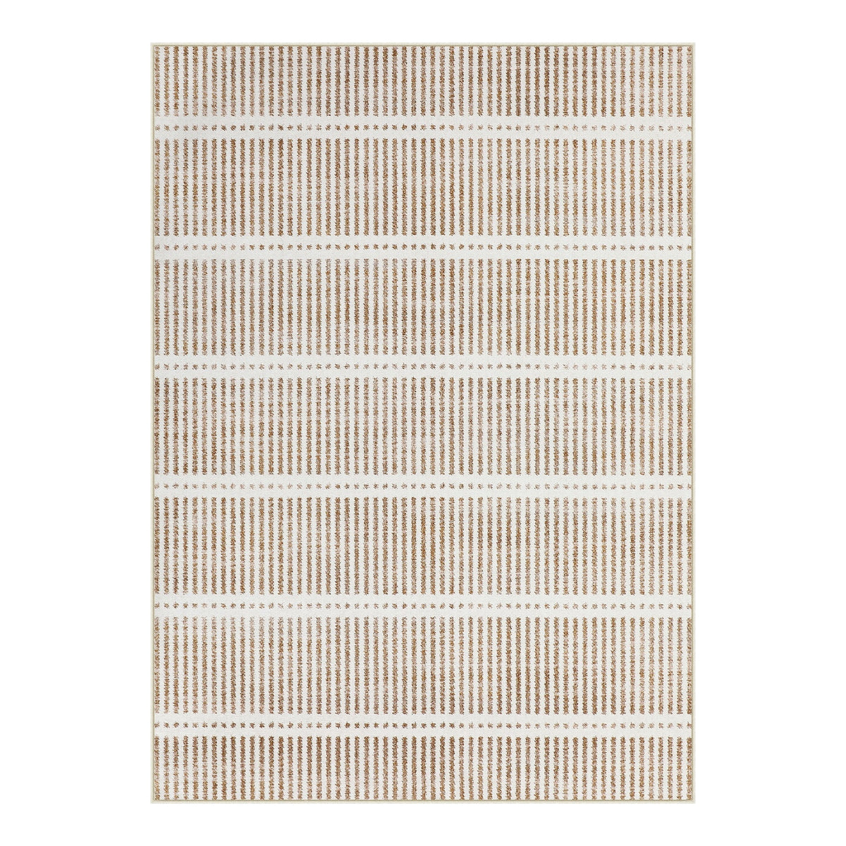 Beige and cream striped area rug with vertical lines, shown flat on floor