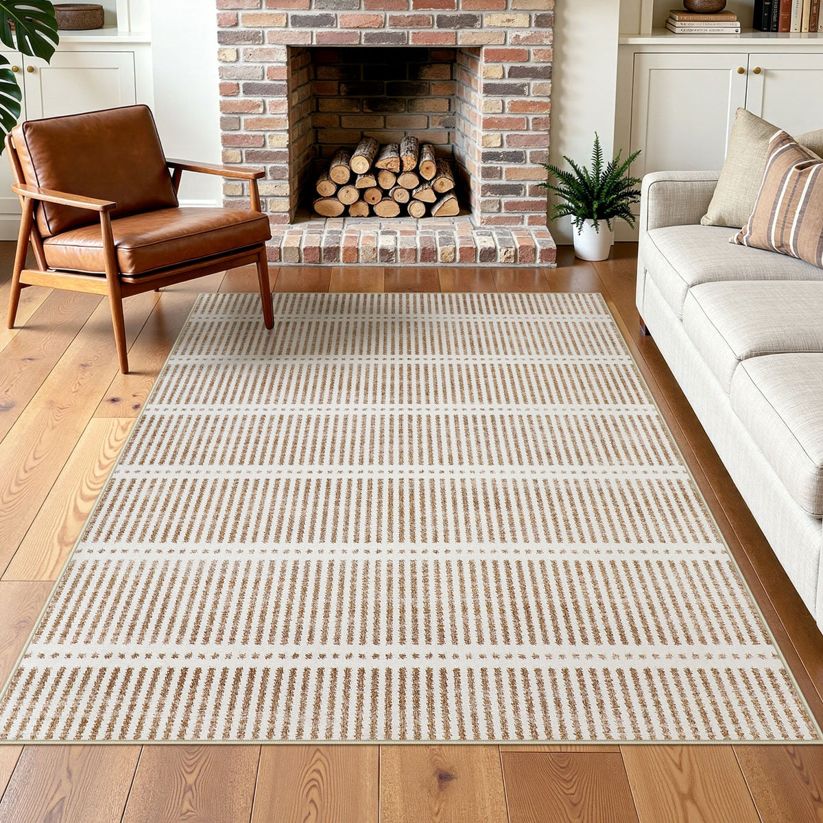 Beige and cream striped area rug on hardwood floor in living room with sofa and fireplace