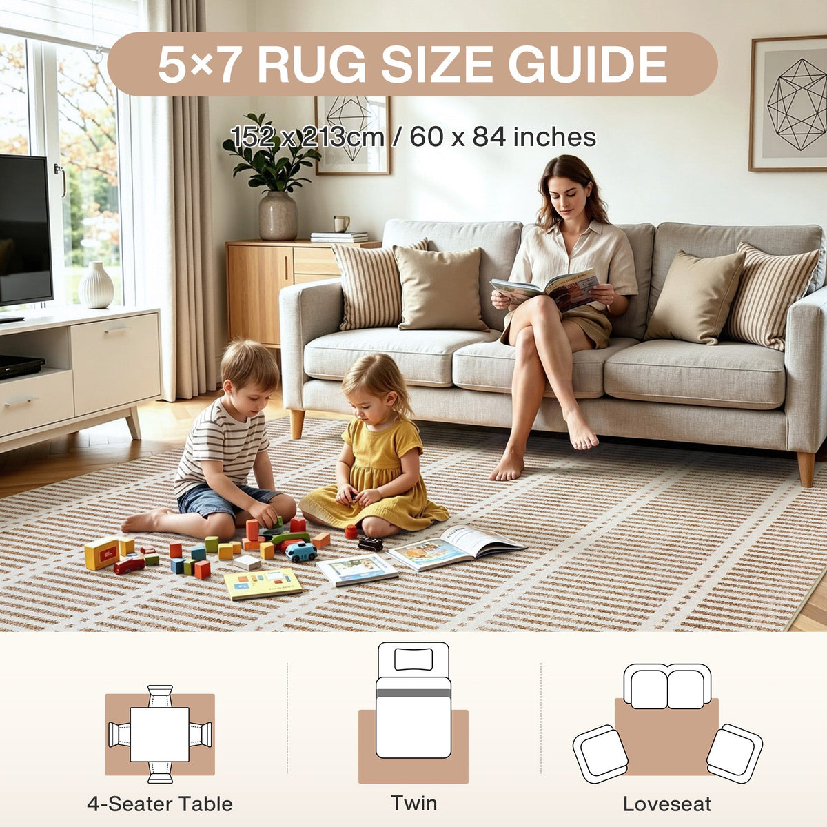 Striped area rug in beige and cream, 5x7 size guide shown with family in living room