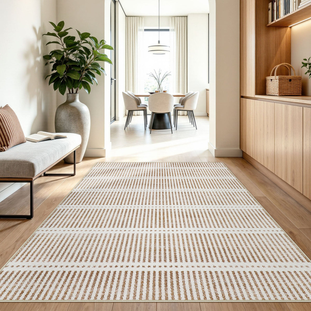 Beige and cream striped area rug on hardwood floor in modern living room
