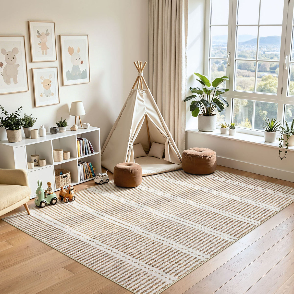 Beige and cream striped area rug on wooden floor in a child's room with teepee and toys