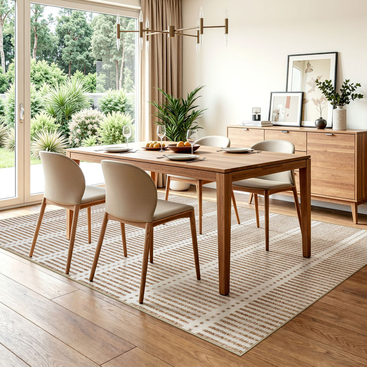 Beige and cream striped area rug on wooden floor in dining room