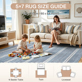 Blue and white striped area rug in a living room with children playing and a woman reading