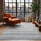 Gray and white striped area rug on wooden floor in a room with large windows and furniture
