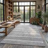 Black and white striped area rug on wooden floor in a sunlit room with plants and art supplies