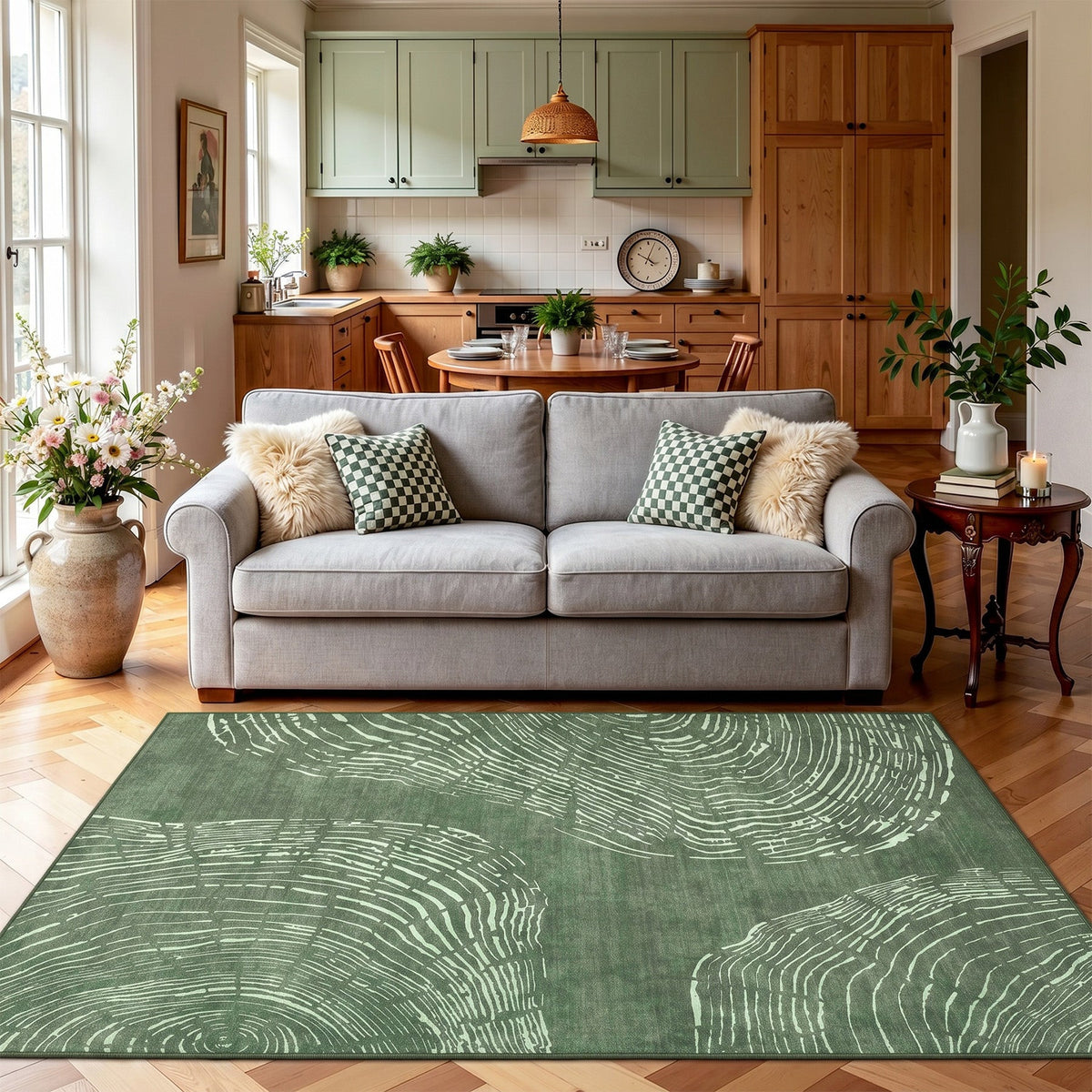 Green abstract wood grain area rug on hardwood floor in living room