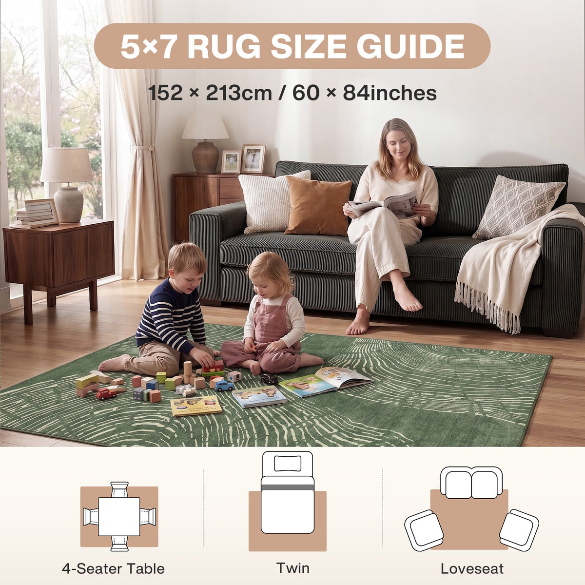 Green abstract wood grain rug in living room with children playing, 152 x 213cm / 60 x 84 inches