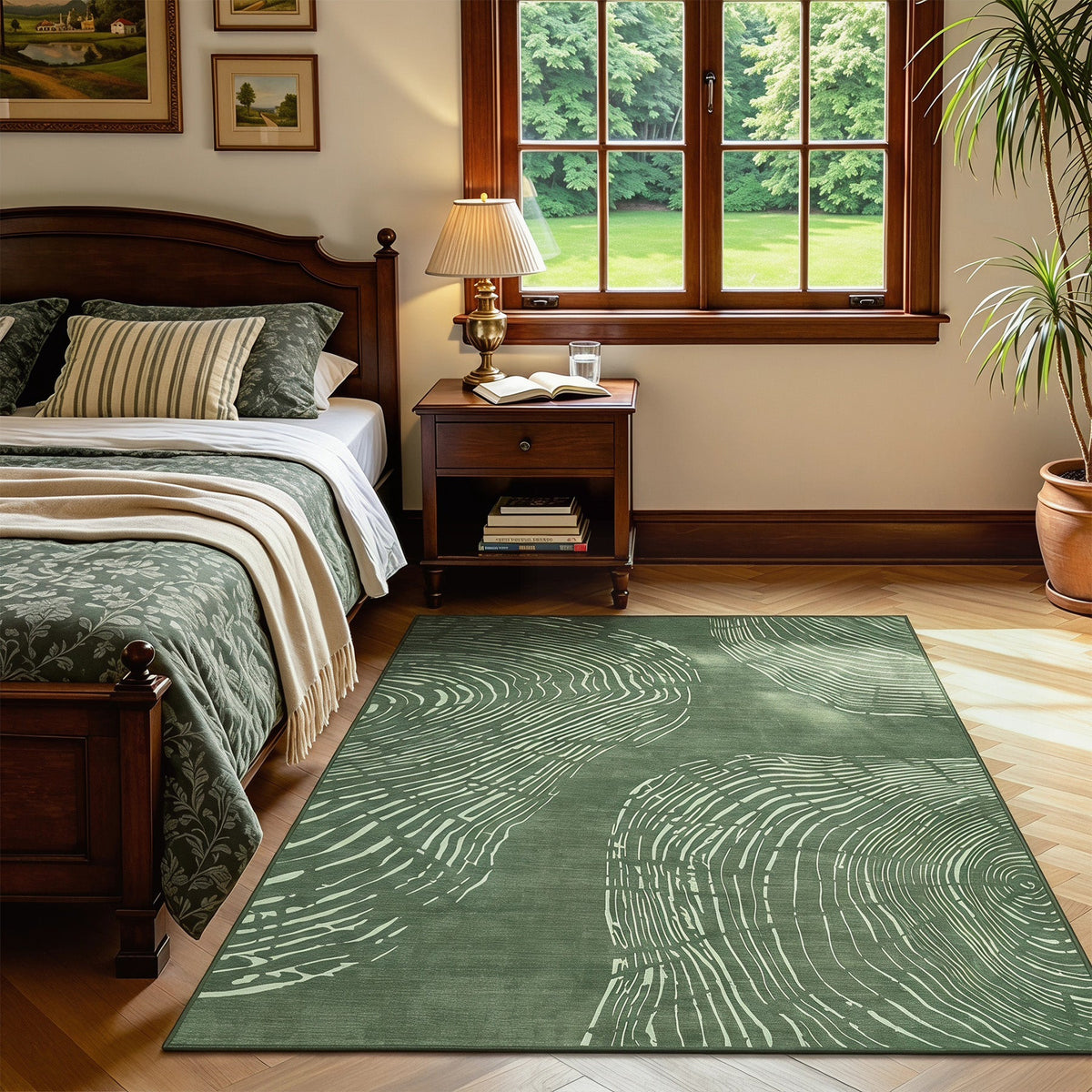 Green abstract wood grain area rug on hardwood floor in bedroom