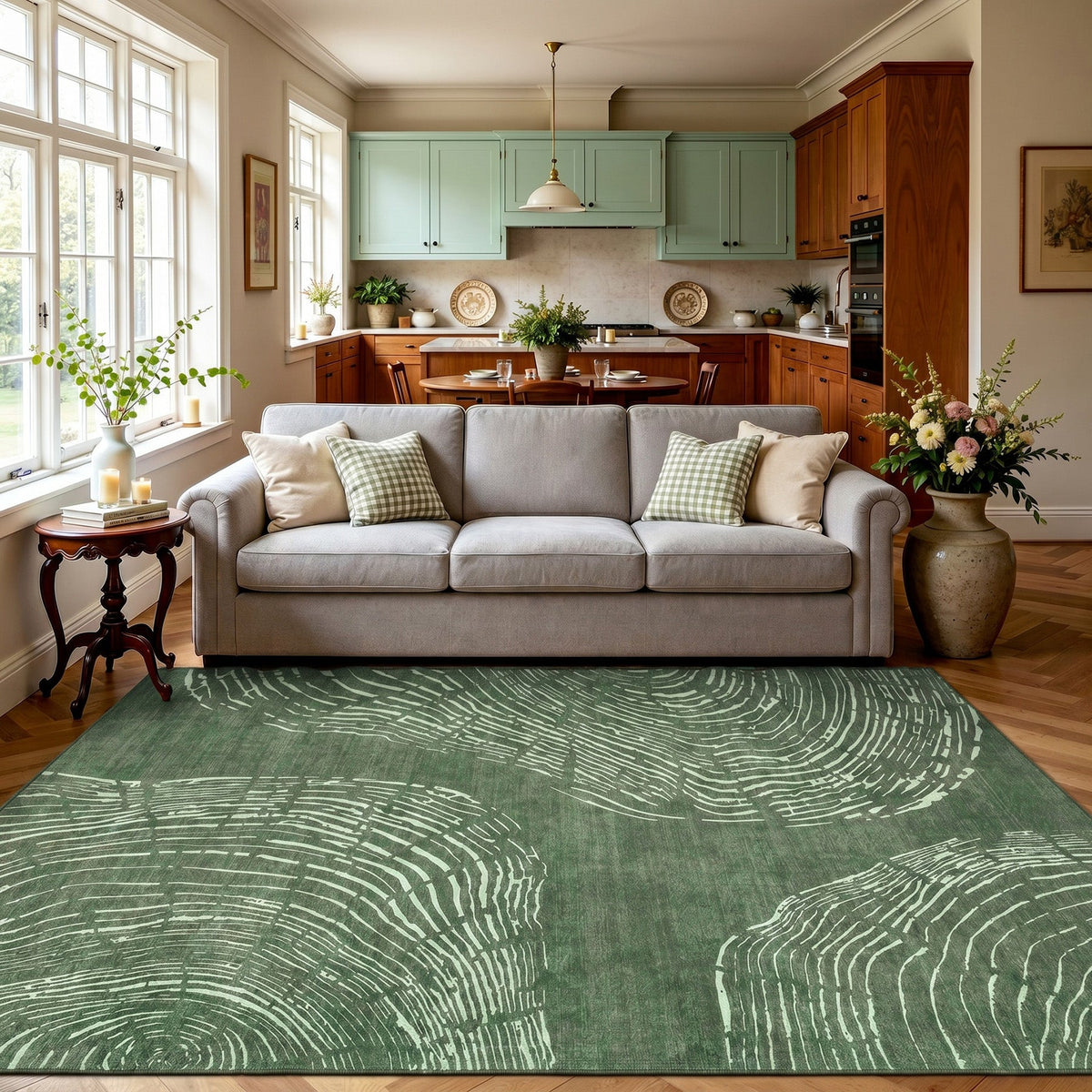 Green abstract wood grain area rug in a living room with beige sofa and wooden floors