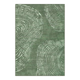 Abstract wood grain pattern area rug in green with white lines, shown flat