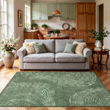 Green abstract wood grain area rug on hardwood floor in living room
