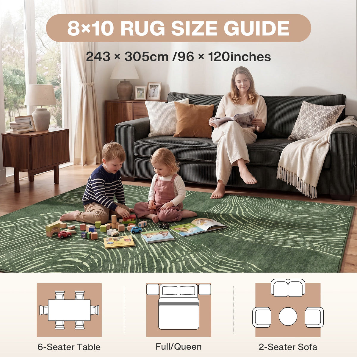 Green abstract wood grain rug on floor with children playing, 243 x 305cm size guide shown