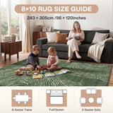 Green abstract wood grain rug on floor with children playing, 243 x 305cm size guide shown