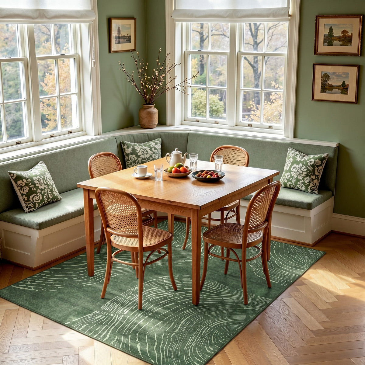 Green abstract wood grain area rug on hardwood floor in dining nook