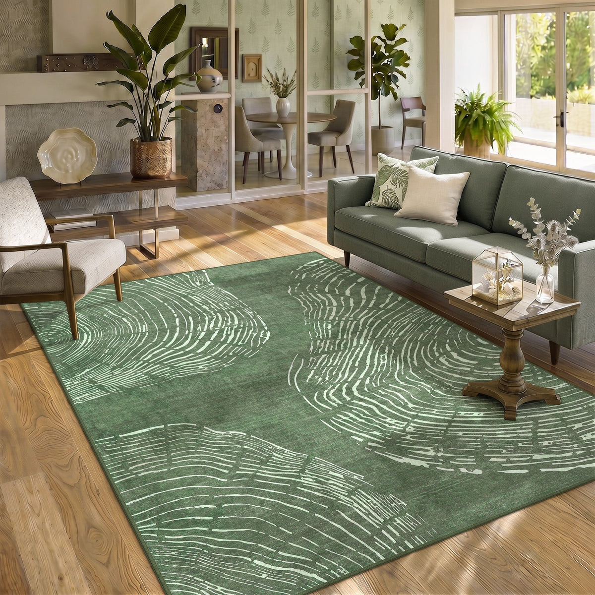 Green abstract wood grain pattern area rug on hardwood floor in living room
