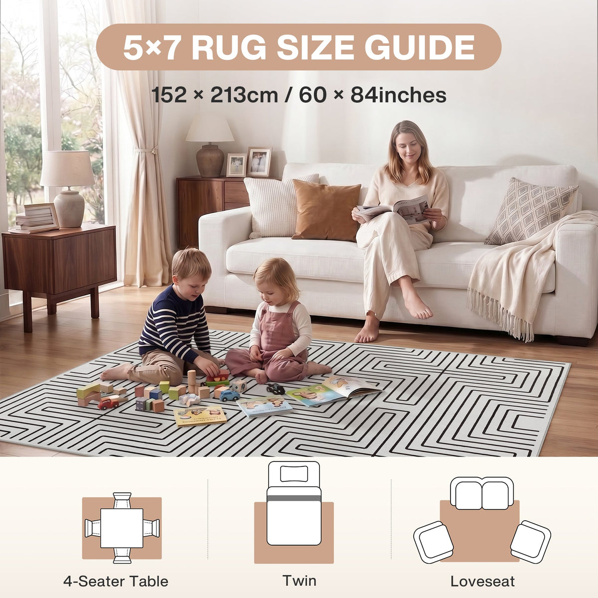 Geometric Area Rug, Washable Non Slip Living Room Bedroom Rug