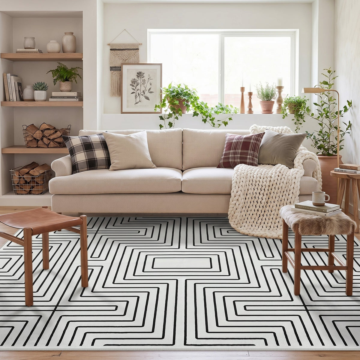 Black and white geometric patterned area rug on wooden floor in a living room