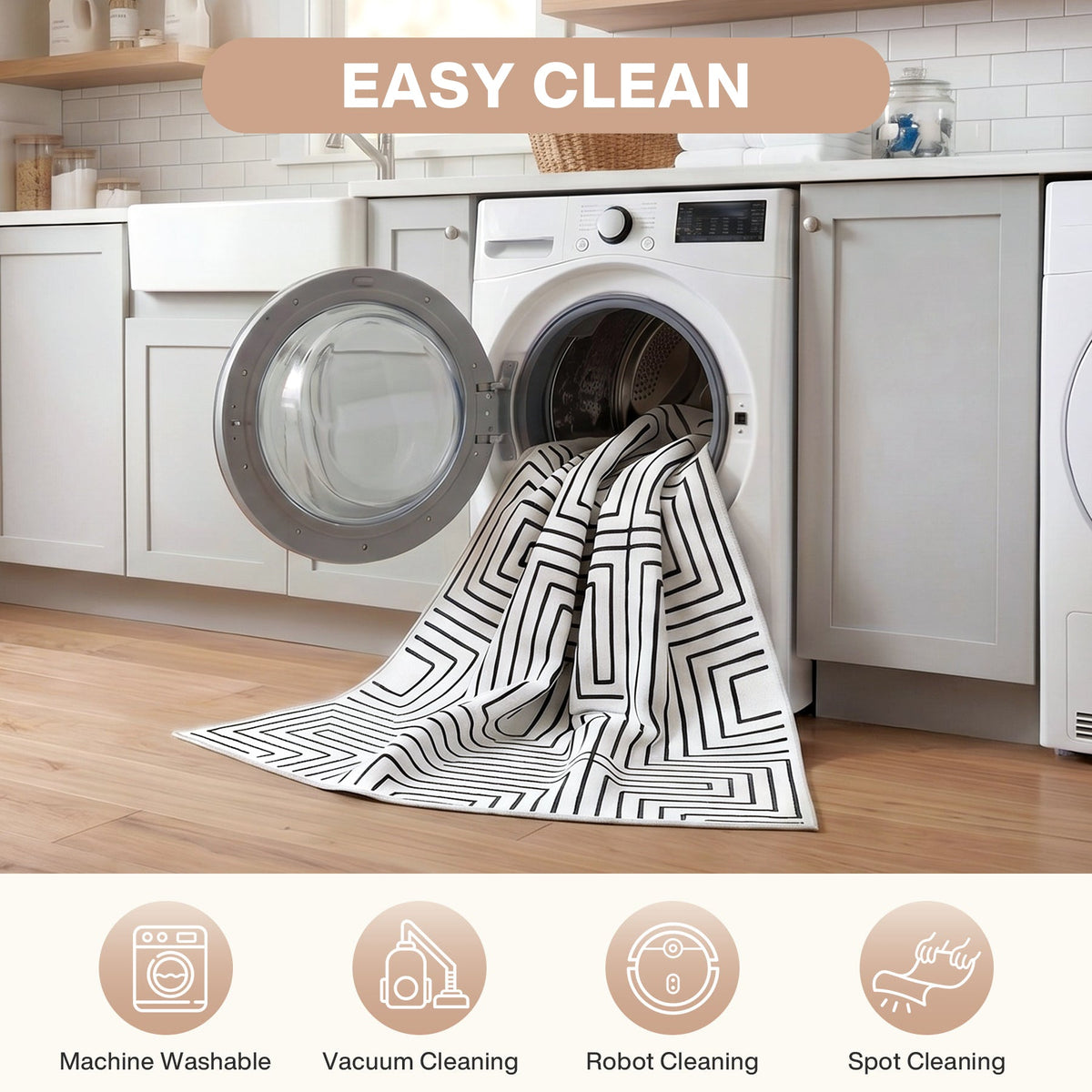 Black and white geometric patterned rug emerging from a front-loading washing machine in a laundry room