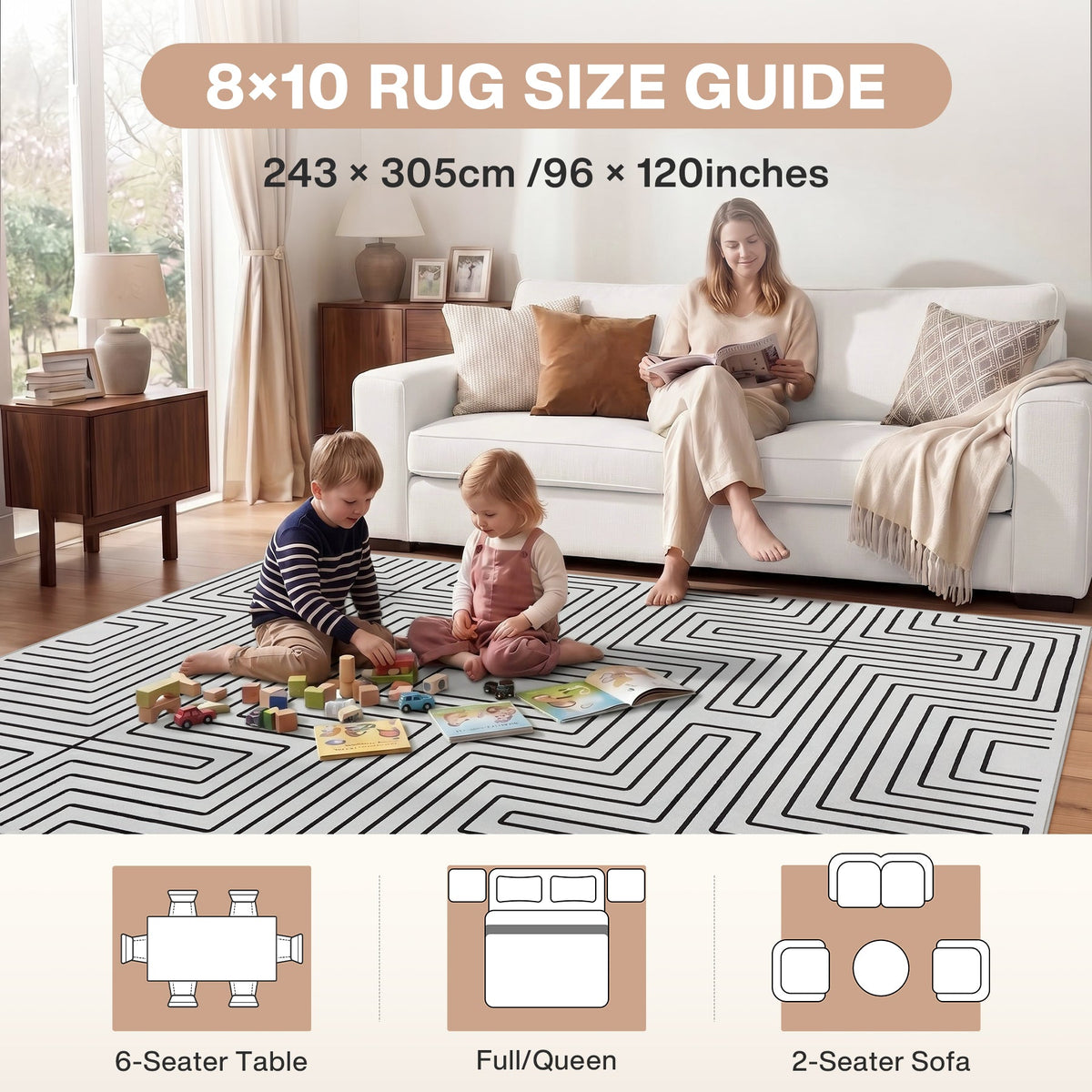 Black and white geometric rug on wooden floor with two children playing and woman reading on sofa