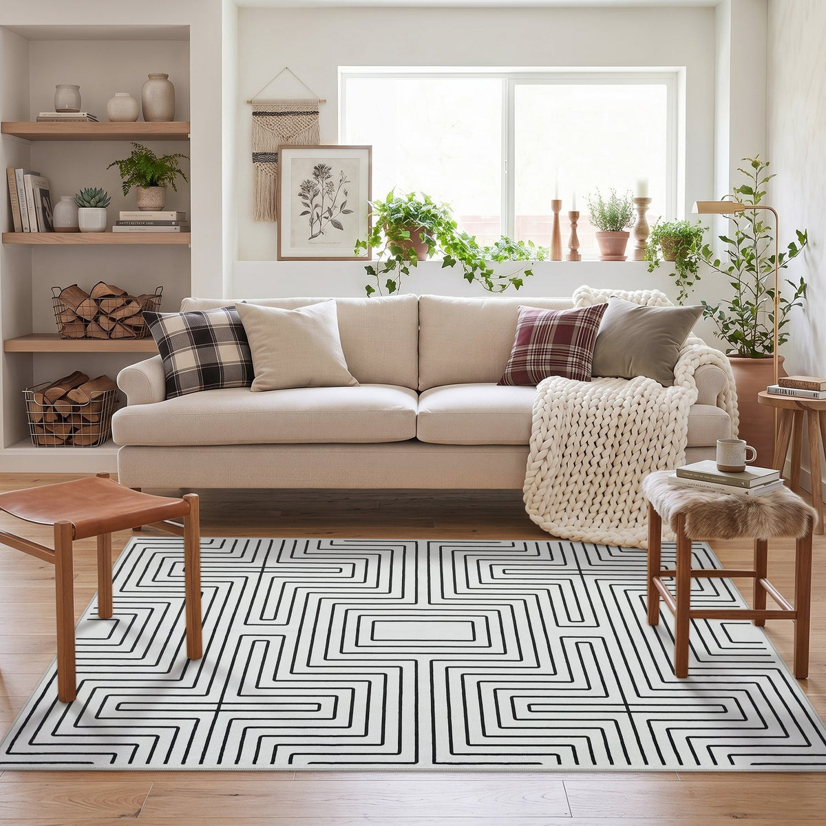 Black and white geometric patterned area rug on wooden floor in a living room