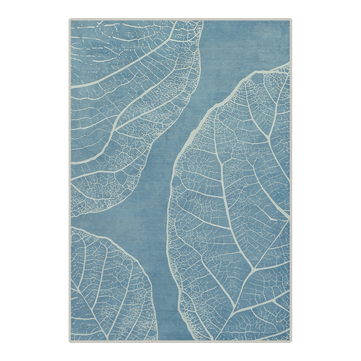 Blue area rug with white leaf vein pattern, shown flat on floor