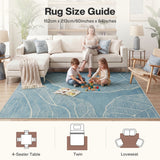 Blue leaf pattern rug, 152cm x 213cm, in living room with children playing on it