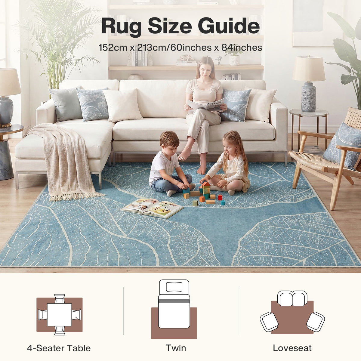 Boho Leaf Print Area Rug, Washable Non Slip Living Room Bedroom Rug