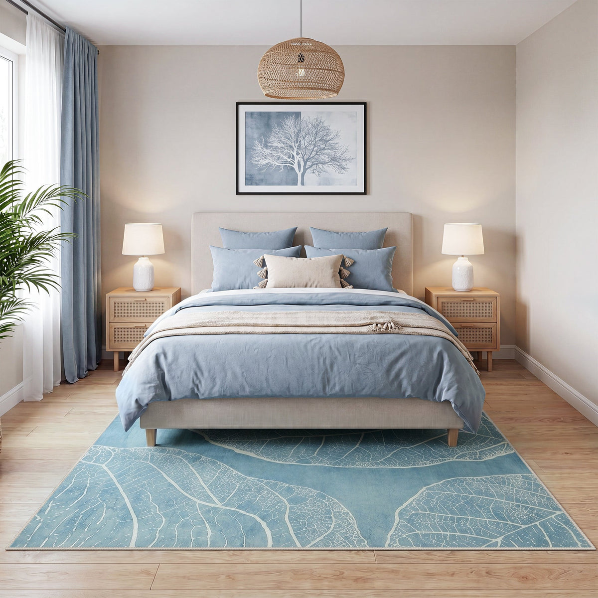 Boho Leaf Print Area Rug, Washable Non Slip Living Room Bedroom Rug