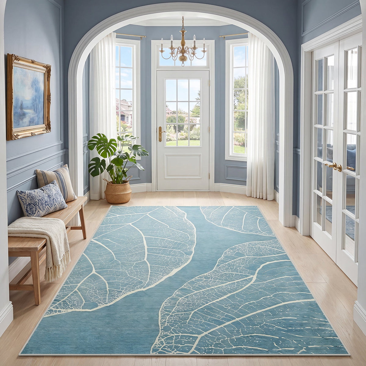Boho Leaf Print Area Rug, Washable Non Slip Living Room Bedroom Rug