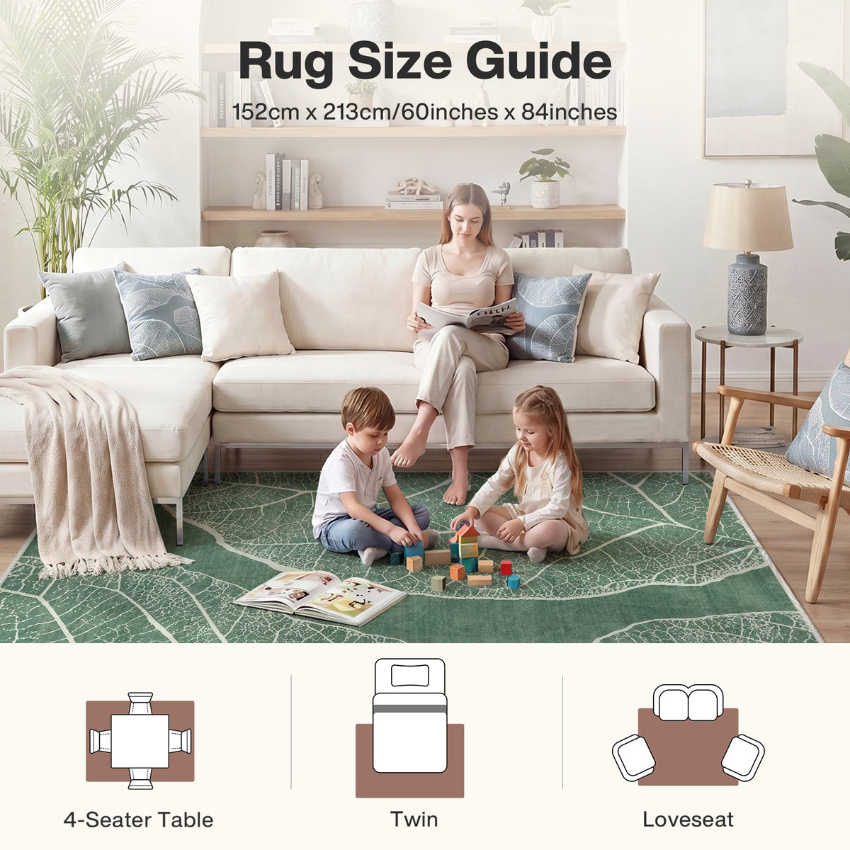 Green leaf pattern rug in living room with family, 152cm x 213cm size guide shown