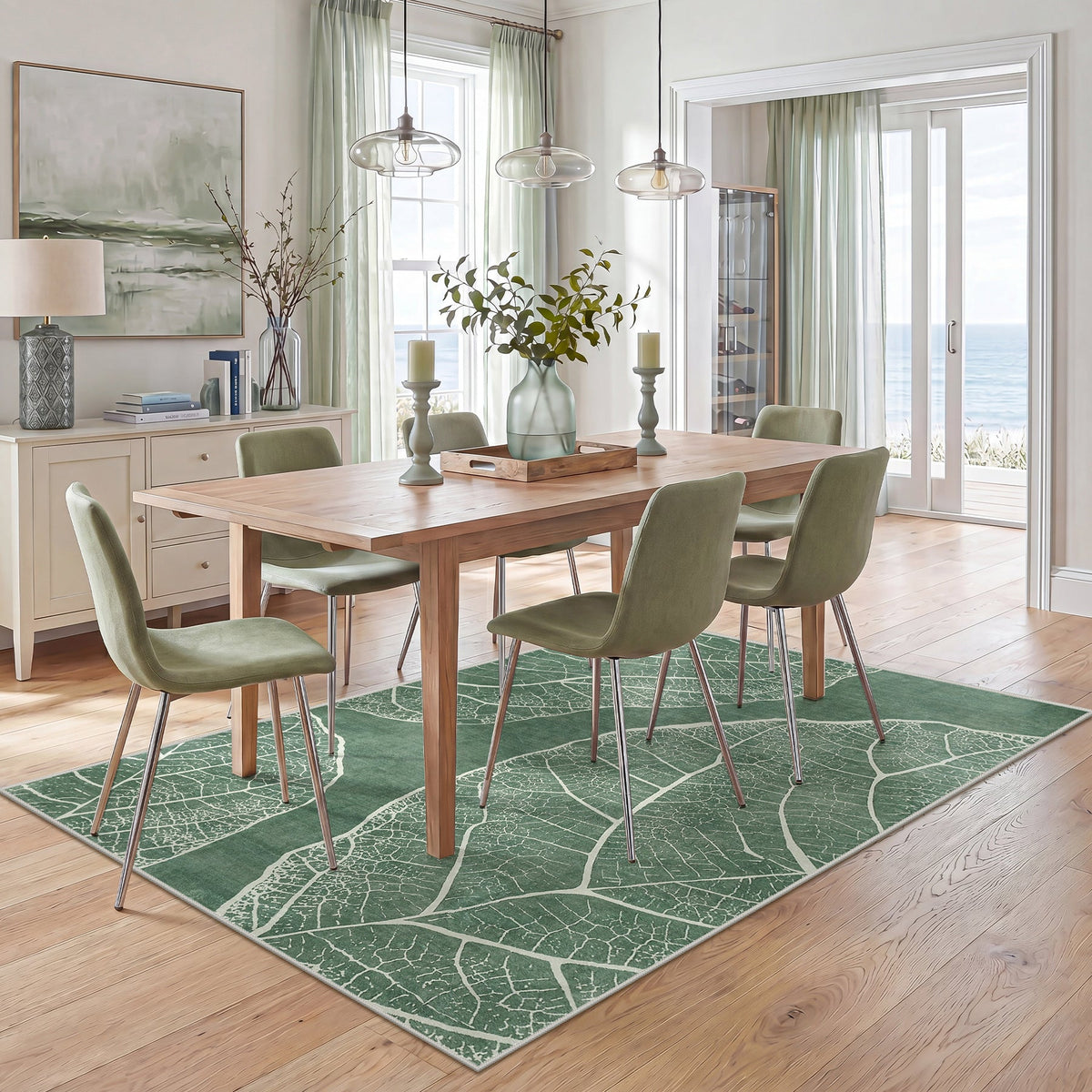 Green leaf pattern rug on wooden floor in dining room with table and chairs