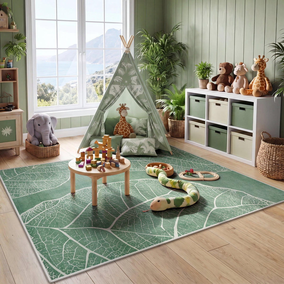 Green leaf-patterned area rug on wooden floor in a child's room with toys and furniture