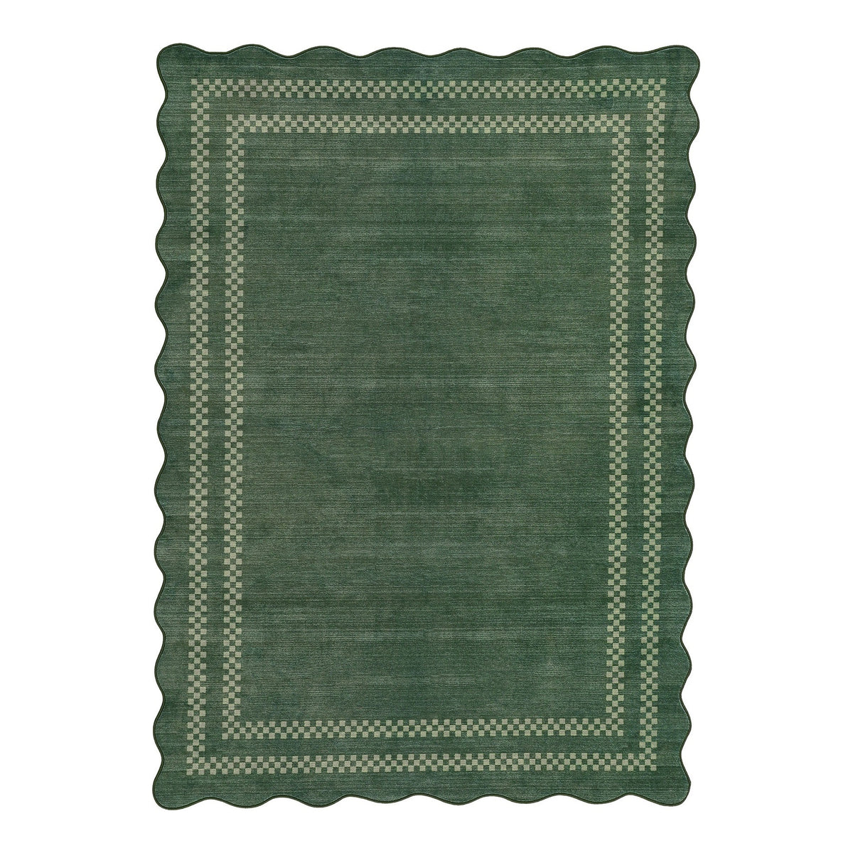 Dark green scalloped area rug with light green geometric border, shown flat