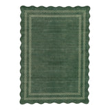 Dark green scalloped area rug with light green geometric border, shown flat