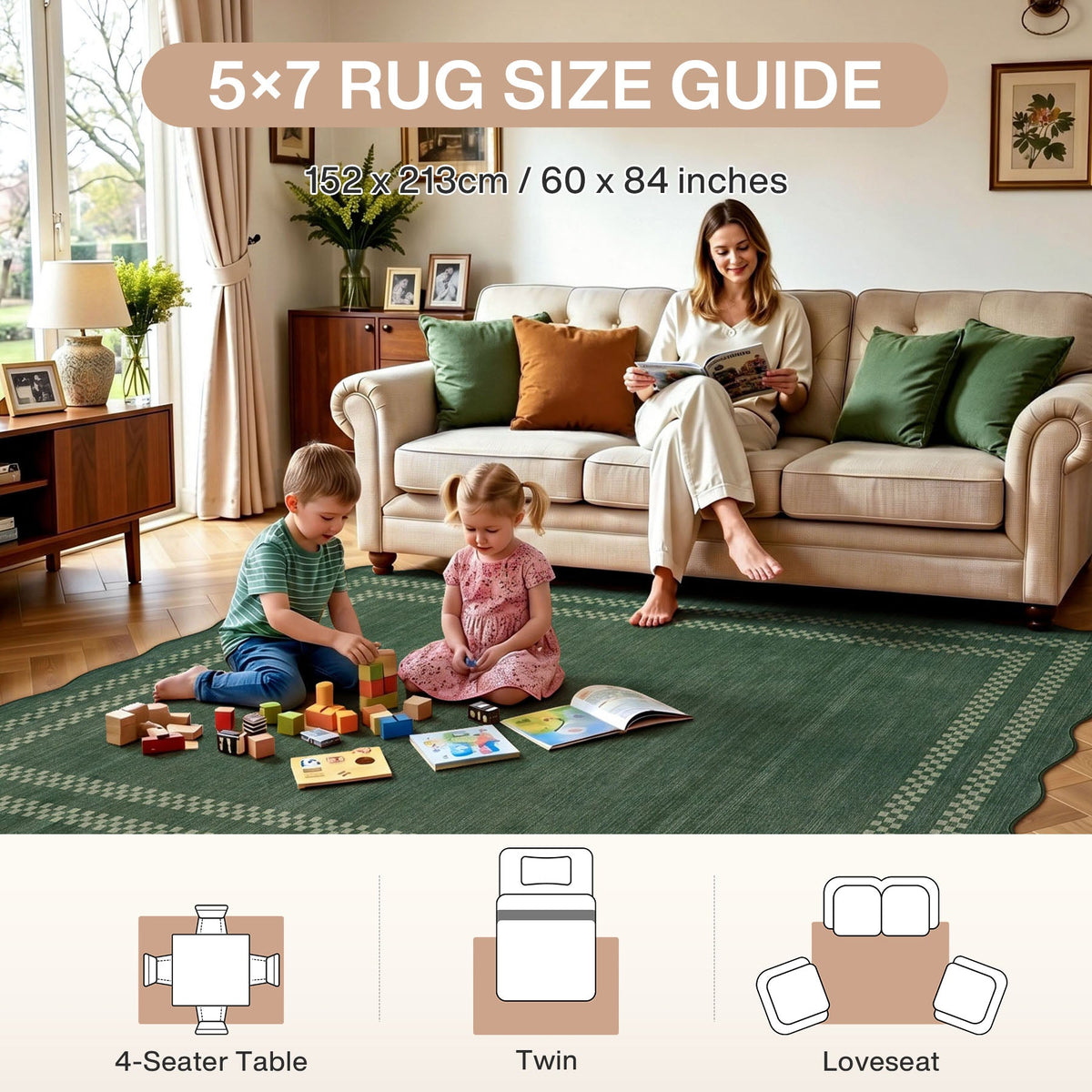 Scalloped Soft Geometric Area Rug, Washable Non Slip Living Room Bedroom Rug
