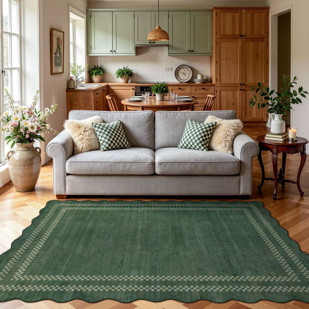 Scalloped Soft Geometric Area Rug, Washable Non Slip Living Room Bedroom Rug
